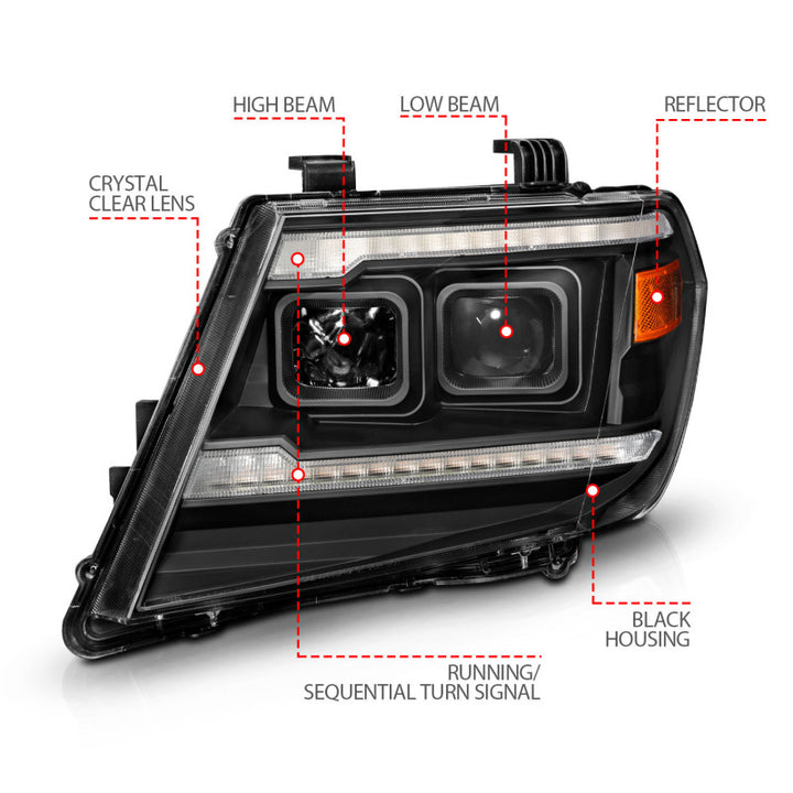 ANZO 09-20 Nissan Frontier Black Projector Plank Style DRL w/ Switchback & Sequential LED DRL - Bull Strap