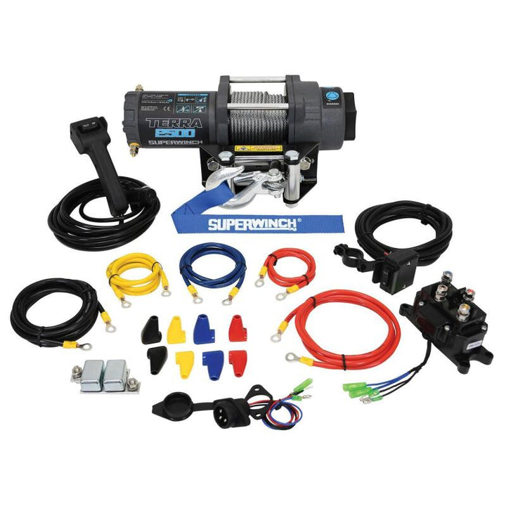 Superwinch 2500 LBS 12V DC 3/16in x 40ft Steel Rope Terra 2500 Winch - Gray Wrinkle - Bull Strap
