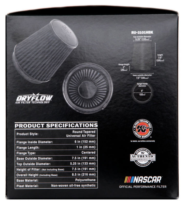 K&N Universal Rubber Filter Round Tapered 6in Flange ID x 7.5in Base OD x 5.25in Top OD x 8in Height - Bull Strap