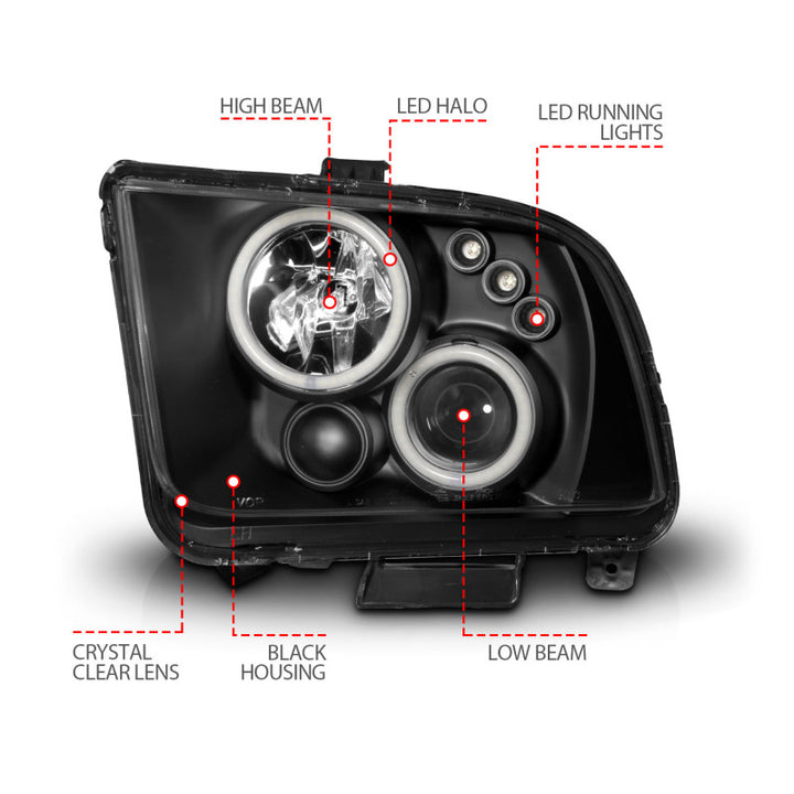 ANZO 2005-2009 Ford Mustang Projector Headlights w/ Halo Black - Bull Strap