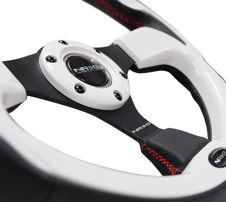 NRG Reinforced Steering Wheel (320mm) Blk w/White Trim & 4mm 3-Spoke - Bull Strap