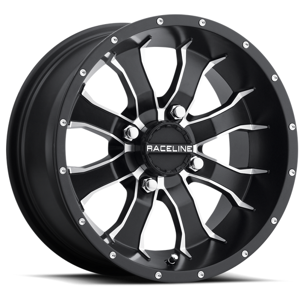 Raceline A77 Mamba 9x8in / 4x115 BP / -34.5mm Offset / 90mm Bore - Black & Machined Wheel - Bull Strap
