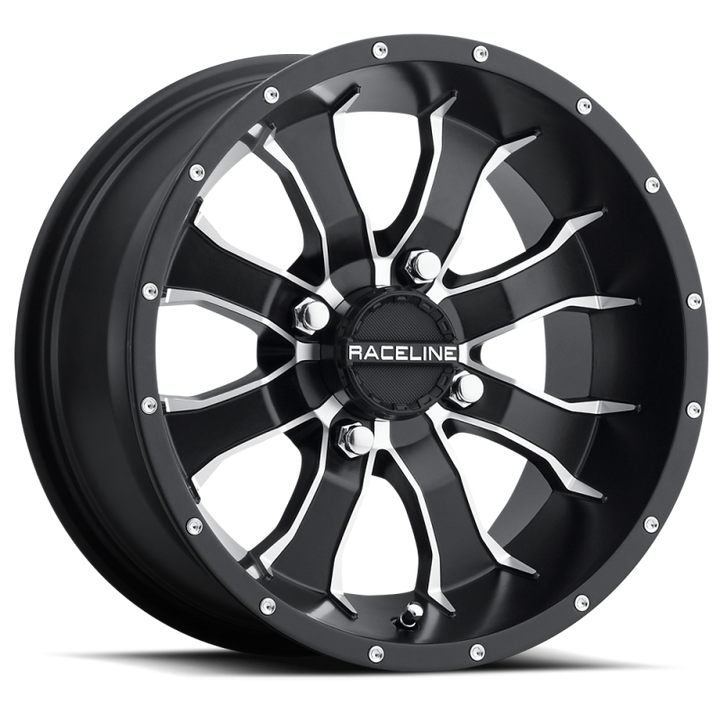Raceline A77 Mamba 9x8in / 4x115 BP / -34.5mm Offset / 90mm Bore - Black & Machined Wheel - Bull Strap