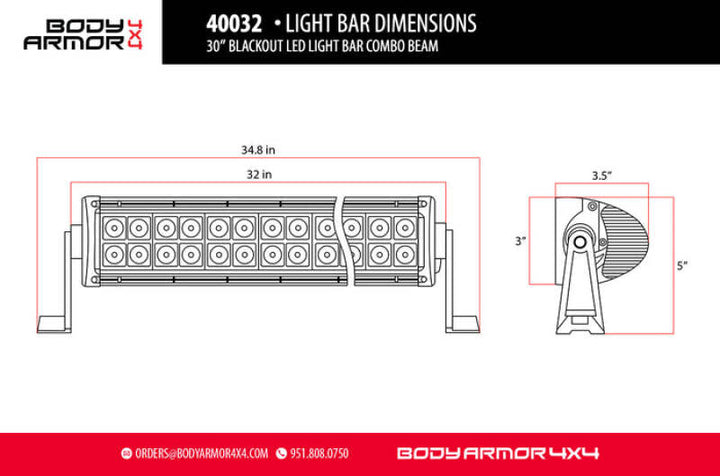 Body Armor 4x4 20in Blackout LED Light Bar Combo Beam with Wiring Harness - Bull Strap