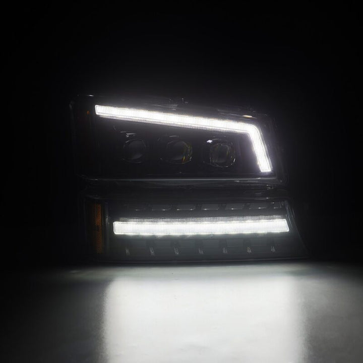 AlphaRex 03-06 Chevy Silverado 1500/2500HD/3500HD/Avalanche Alpha-Black NOVA LED Proj Headlights - Bull Strap