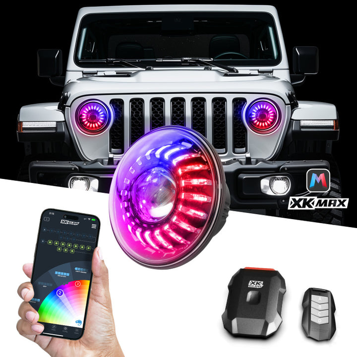 XK Glow 2019+ Jeep Wrangler JL/JT 7in Headlight XKmax RGBW Kit w/ Mnt Brkt App Cntrl 2pc - Bull Strap