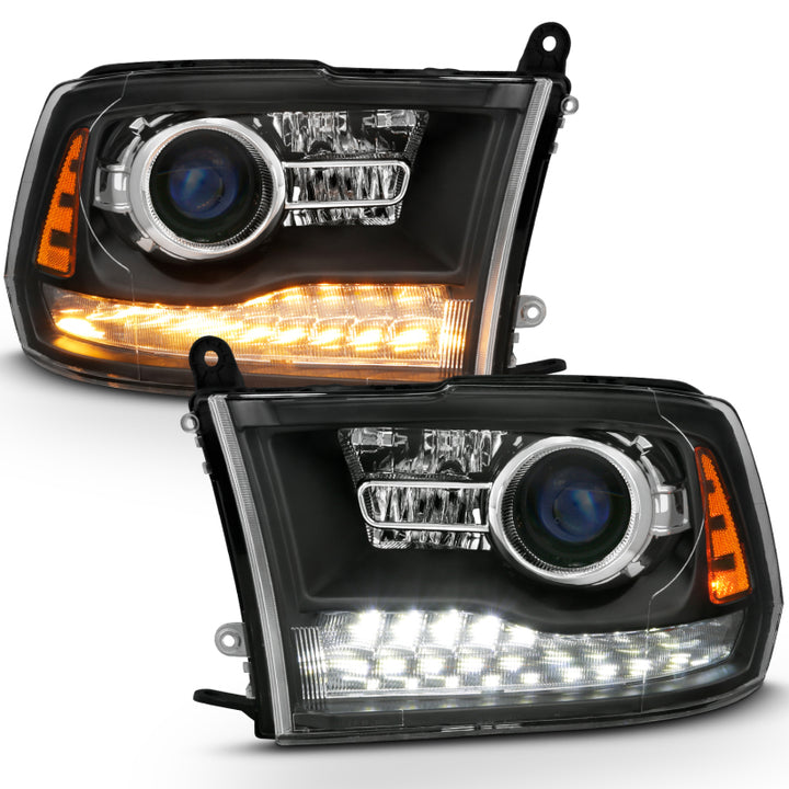 ANZO 2009-2018 Dodge Ram 1500 Projector Headlights Plank Style Halo w/Switchback Matte Black - Bull Strap