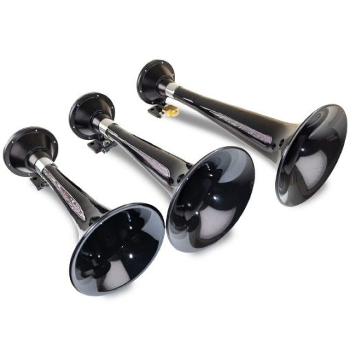 Kleinn Black Triple Horn/ 15In/13In/11In - High Impact ABS Trumpet/ Zinc Alloy Base - Bull Strap