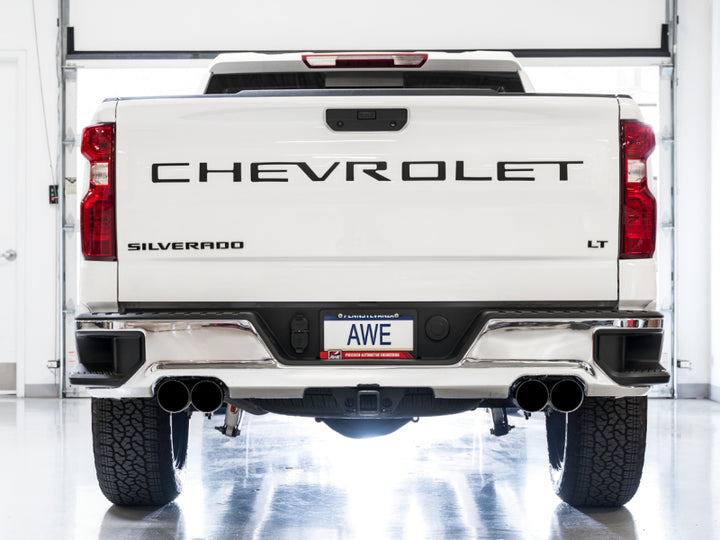 AWE Tuning 4th Gen GM 1500 5.3L 0FG Catback Split Rear Exit (w/ Bumper Cutouts) - Quad Diamond Tips - Bull Strap