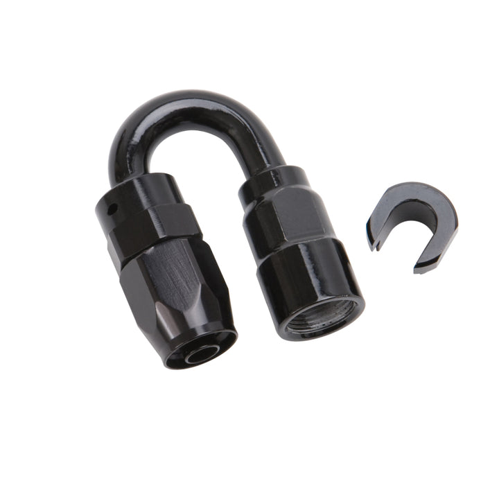 Russell Performance 3/8in SAE Quick Disc Female to -6 Hose Black 180 Degree Hose End - Bull Strap