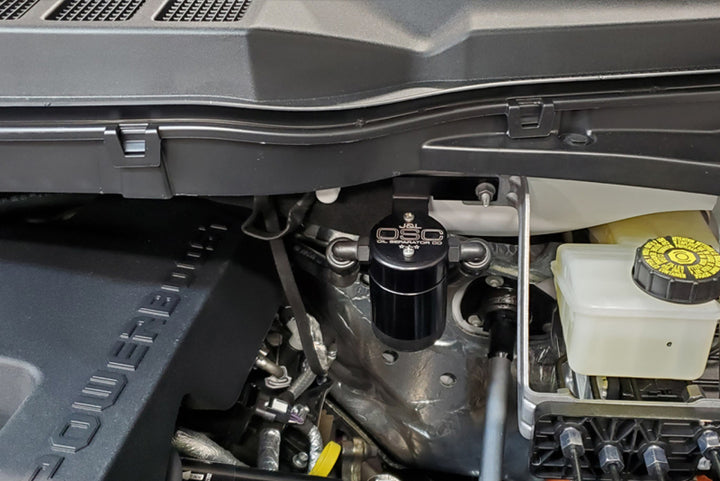J&L 2021-2025 Ford F-150 3.5L Passenger Side Oil Separator 3.0 - Black Anodized - Bull Strap