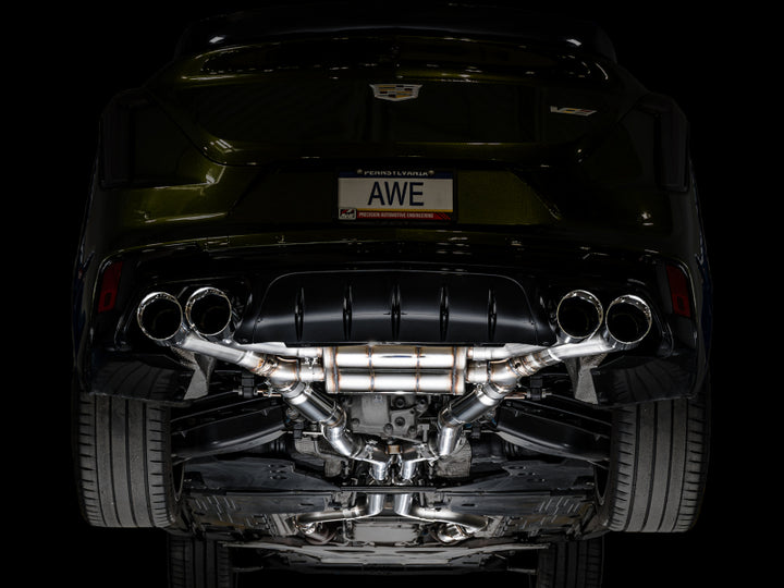 AWE Tuning 2021+ Cadillac CT4-V Blackwing SwitchPath Exhaust - Chrome Silver Tips - Bull Strap