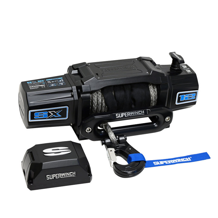 Superwinch 12000 LBS 12V DC 3/8in x 80ft Synthetic Rope SX12SR Winch - Semi Gloss Black - Bull Strap