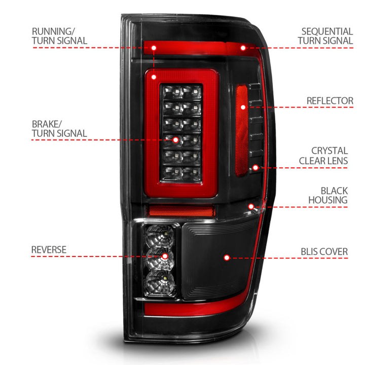 ANZO 19-22 Ford Ranger Full LED Taillights w/ Lightbar Sequential Signal Black Housing/Clear Lens - Bull Strap