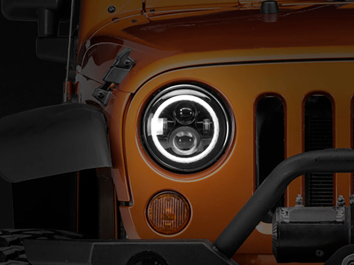 Raxiom 97-18 Jeep Wrangler TJ/JK Axial Halo Headlights w/ DRL Amber Signals- Blk Hsng (Clear Lens) - Bull Strap