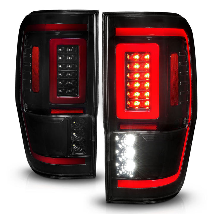 ANZO 19-22 Ford Ranger Full LED Taillights w/ Lightbar Sequential Signal Black Housing/Smoke Lens - Bull Strap