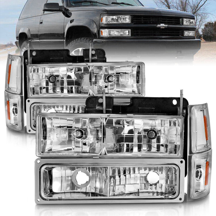 ANZO 88-98 Chevrolet C1500 Crystal Headlights Chrome w/ Signal and Side Marker Lights - Bull Strap