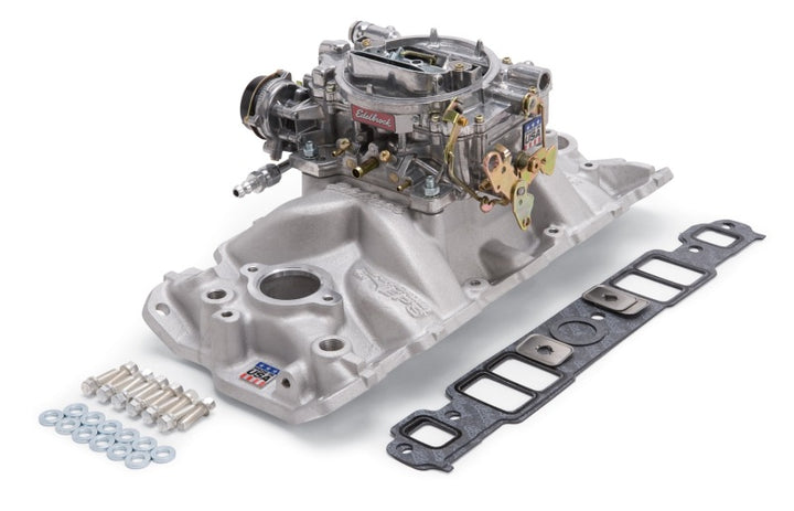 Edelbrock Manifold And Carb Kit Performer Eps Small Block Chevrolet 1957-1986 Natural Finish - Bull Strap