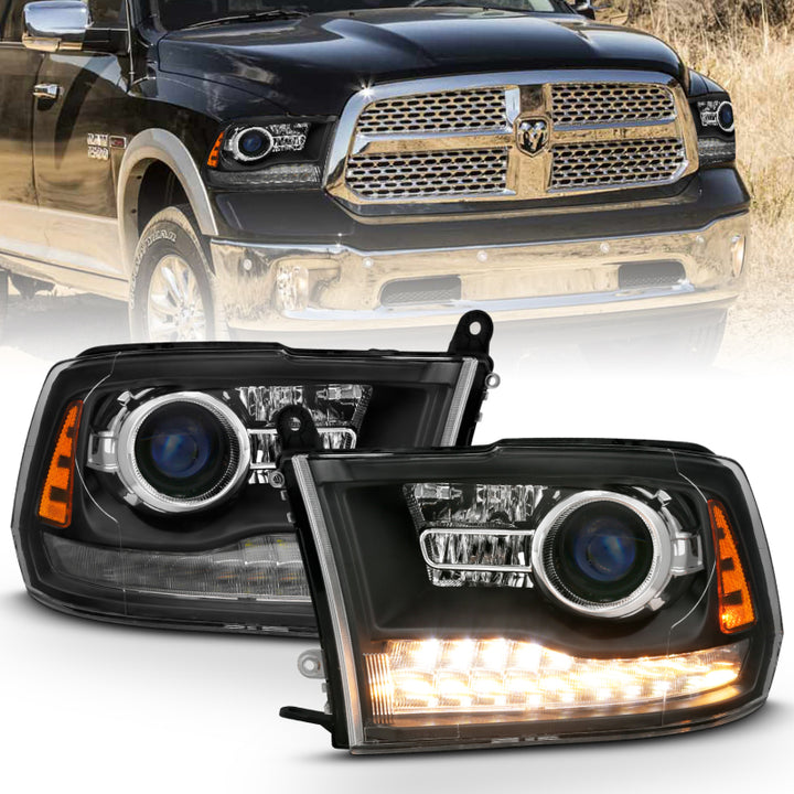 ANZO 2009-2018 Dodge Ram 1500 Projector Headlights Plank Style Halo w/Switchback Matte Black - Bull Strap