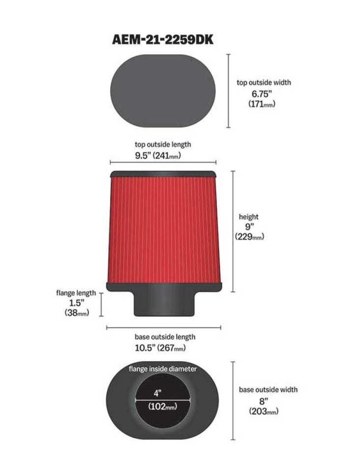 AEM 4.00 in Dryflow Air Filter Oval 9.00 in Element - Bull Strap