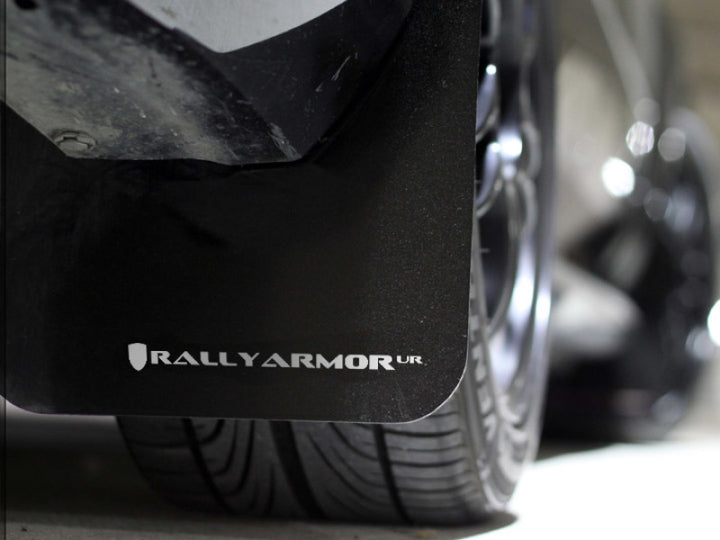 Rally Armor 02-07 Subaru WRX/STI/RS/2.5i (Wagons Req. Mod.) Black UR Mud Flap w/White Logo - Bull Strap