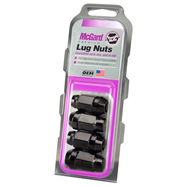 McGard Hex Lug Nut (Cone Seat Bulge Style) M14X1.5 / 22mm Hex / 1.635in. Length (4-Pack) - Black - Bull Strap