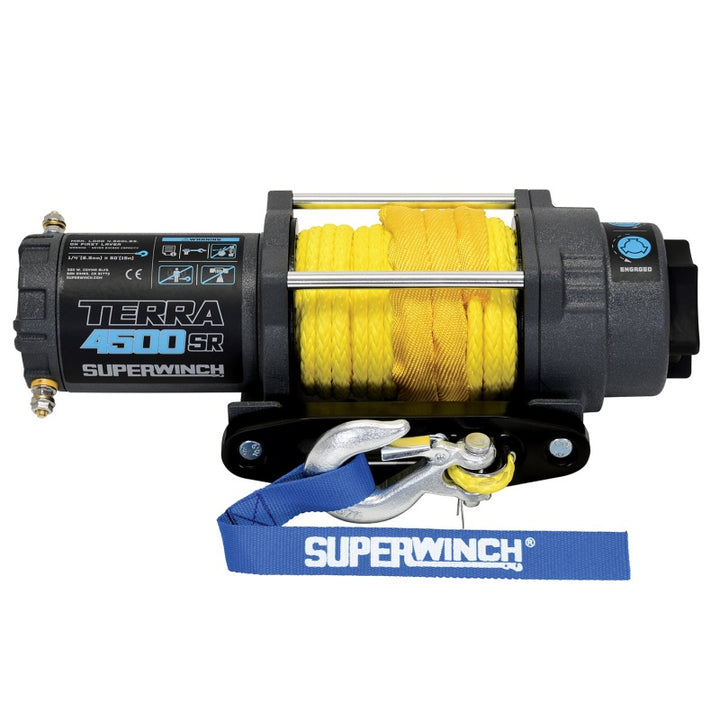 Superwinch 4500 LBS 12V DC 1/4in x 50ft Synthetic Rope Terra 4500SR Winch - Gray Wrinkle - Bull Strap