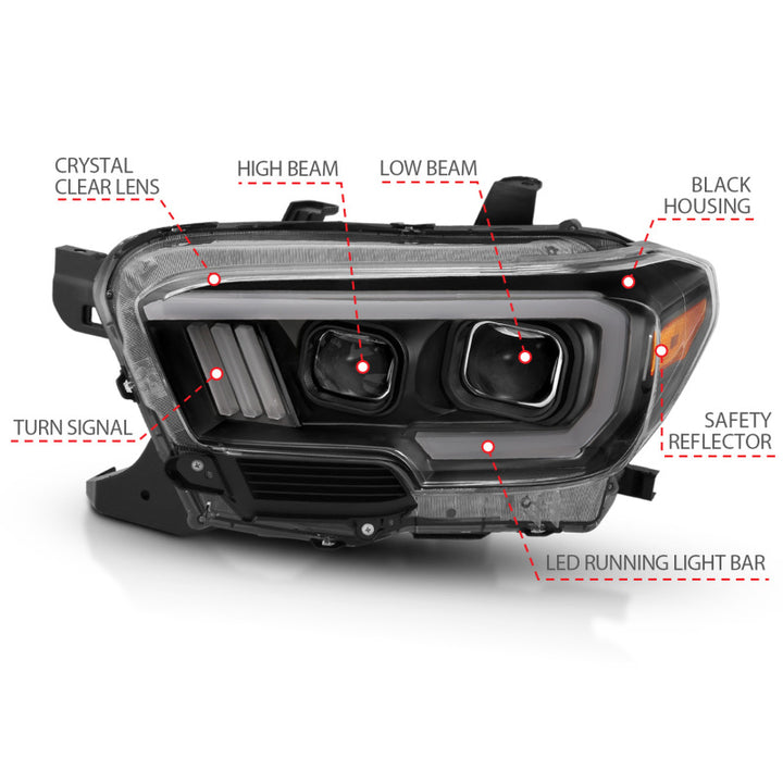 ANZO 2016-2017 Toyota Tacoma Projector Headlights w/ Plank Style Design Black/Amber w/ DRL - Bull Strap