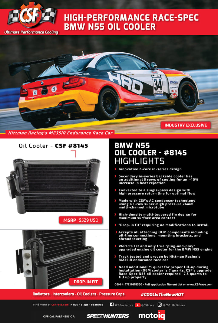 CSF 11-16 BMW 135i(X) 5 Door F20 / M135i(X) 3 Door F21 Race-Spec Oil Cooler - Bull Strap