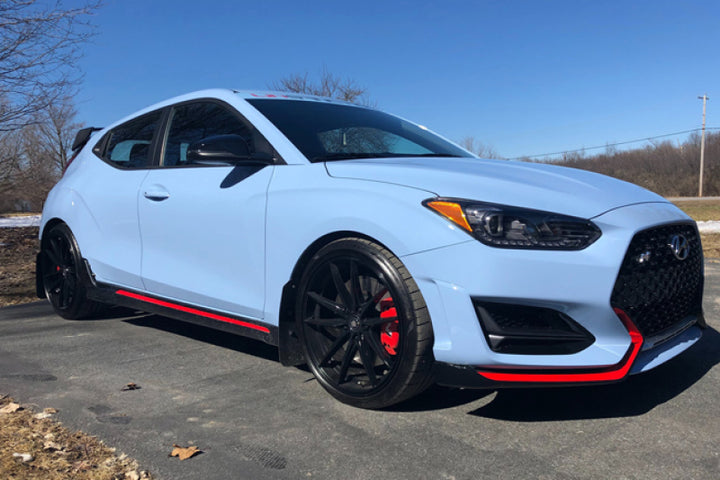 Rally Armor 19-22 Hyundai Veloster N Black UR Mud Flap w/ Red Logo - Bull Strap