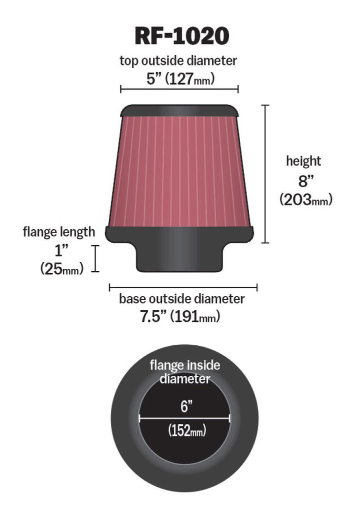 K&N Universal Air Filter 6in Flange ID x 7.5in Base / 5in OD Top x 8in H - Bull Strap