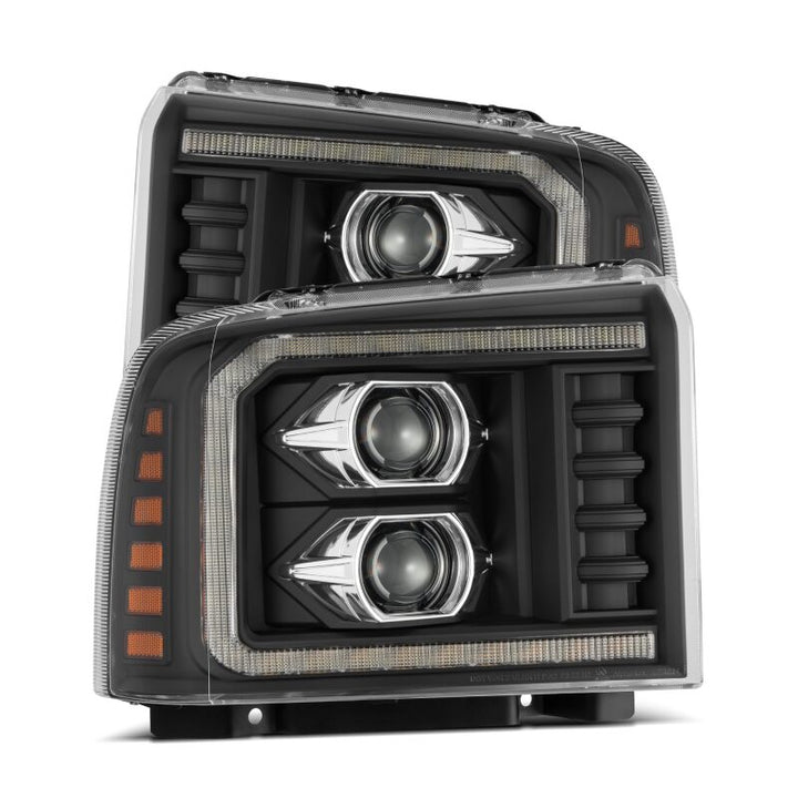AlphaRex 05-07 Ford F250/350/450/550 Super Duty LUXX LED Proj HL Blk w/Actv Light & Seq Sig + SB DRL - Bull Strap