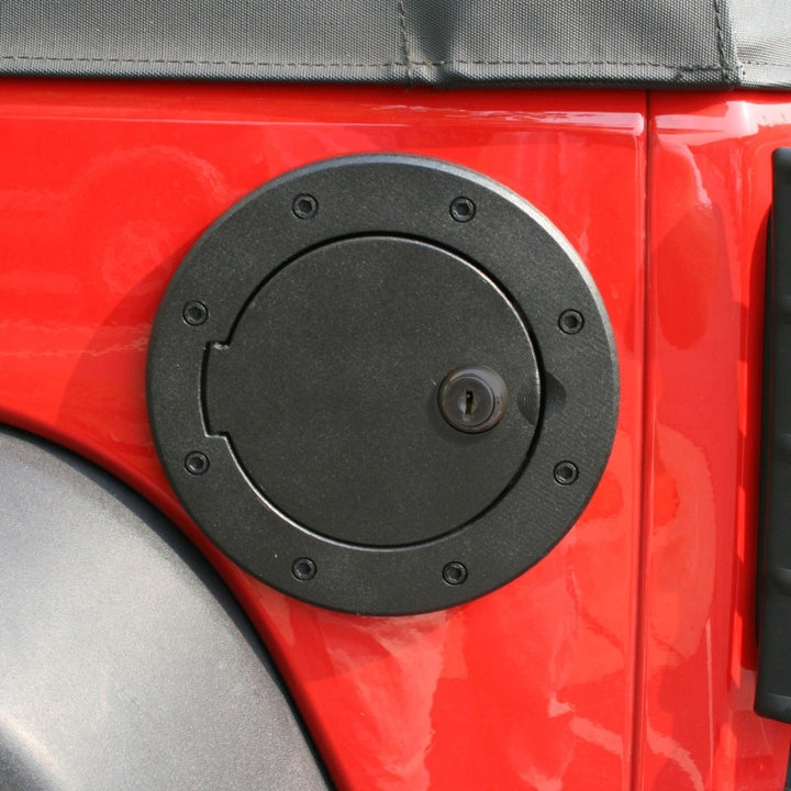 Rugged Ridge Locking Gas Cap Door Black Alum 07-18 Jeep Wrangler JK - Bull Strap
