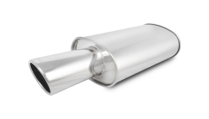 Vibrant StreetPower Oval Muffler with 4in Round Tip Angle Cut Rolled Edge - 2.5in inlet I.D. - Bull Strap