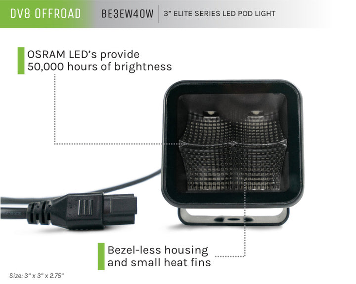 DV8 Offroad 3in Cube LED Light 40W Pod Light 5W LED - Bull Strap