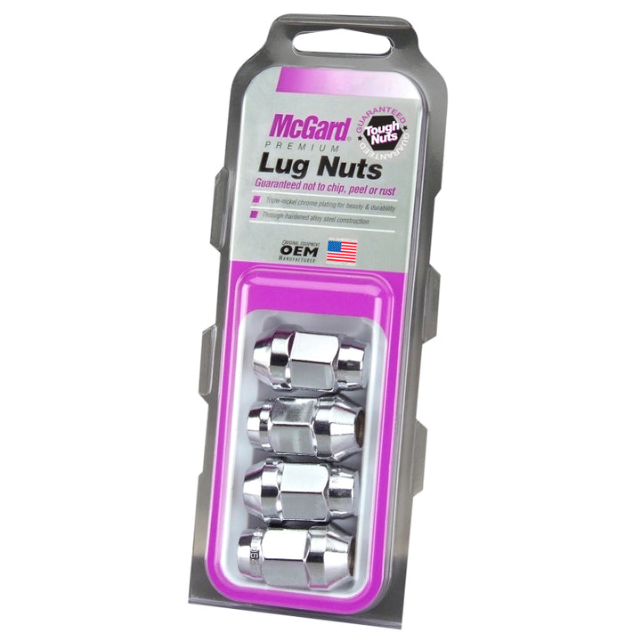 McGard Hex Lug Nut (Cone Seat Bulge Style) 1/2-20 / 3/4 Hex / 1.45in. Length (4-pack) - Chrome - Bull Strap