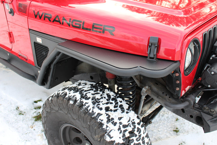 Fishbone Offroad 97-06 Jeep Wrangler TJ Steel Tube Fenders Front 3In Flare - Blk Textured Powdercoat - Bull Strap