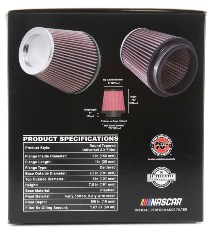 K&N Round Tapered Universal Air Filter 6 inch Flange 7 1/2 inch Base 5 inch Top 7 1/2 inch Height - Bull Strap