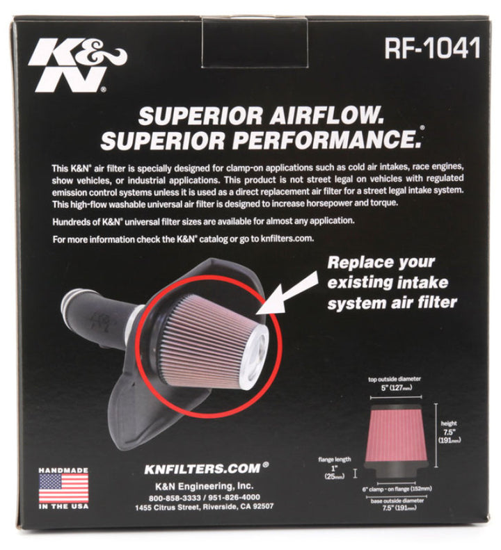 K&N Round Tapered Universal Air Filter 6 inch Flange 7 1/2 inch Base 5 inch Top 7 1/2 inch Height - Bull Strap