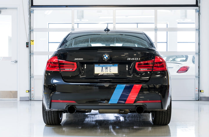 AWE Tuning BMW F3X 340i Touring Edition Axle-Back Exhaust - Diamond Black Tips (102mm) - Bull Strap