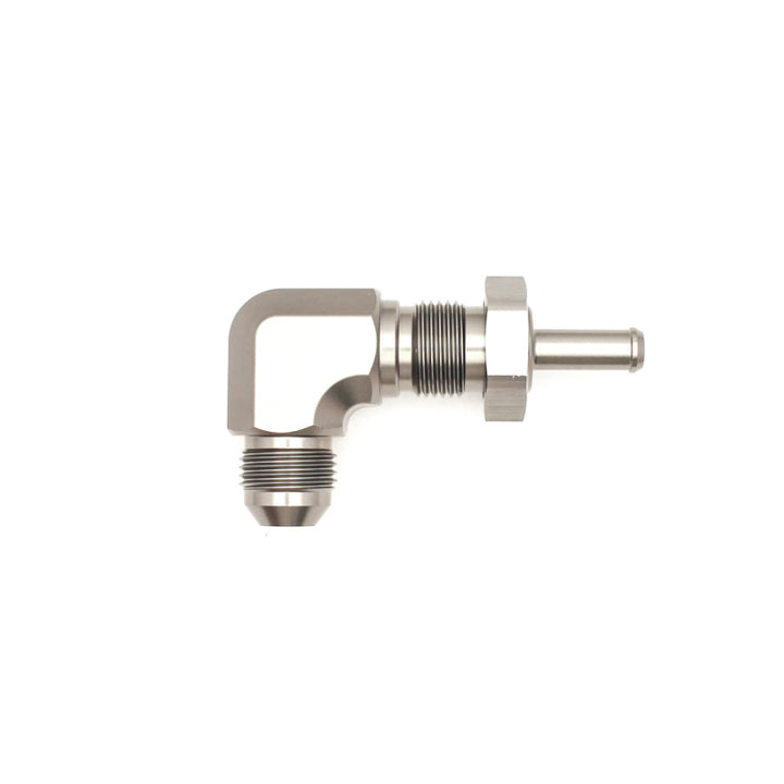 DeatschWerks 8AN Male Flare To 5/16in. Male Barb Bulkhead Adapter 90-Degree (Incl. Nut) - Bull Strap
