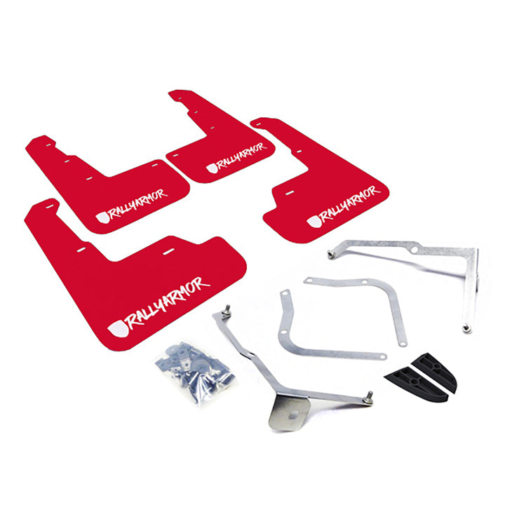 Rally Armor 15-21 Subaru WRX/STI Red Mud Flap White Altered Font Logo - Bull Strap