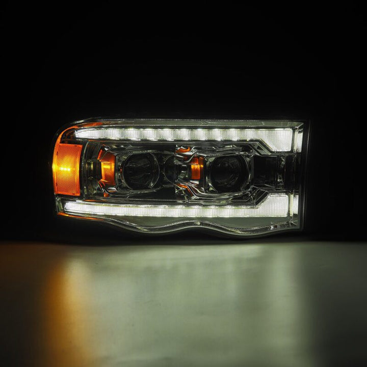 AlphaRex 02-05 Dodge Ram 1500 LUXX LED Proj Headlights Plank Style Chrome w/Activ Light/Seq Signal - Bull Strap