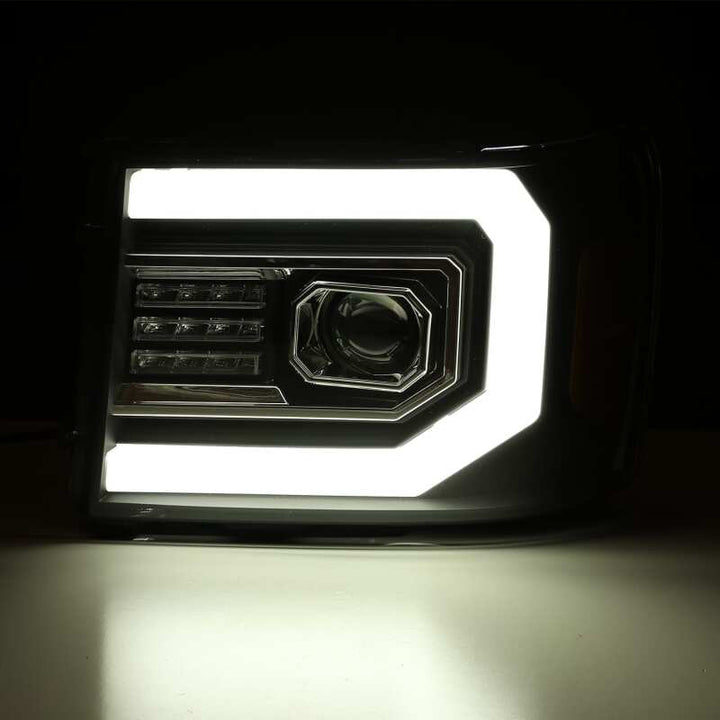 AlphaRex 07-13 GMC Sierra 1500 (No Clsc) LUXX-Series LED Proj HL Jet Blk w/Actv Lgt & Seq.Sig / DRL - Bull Strap