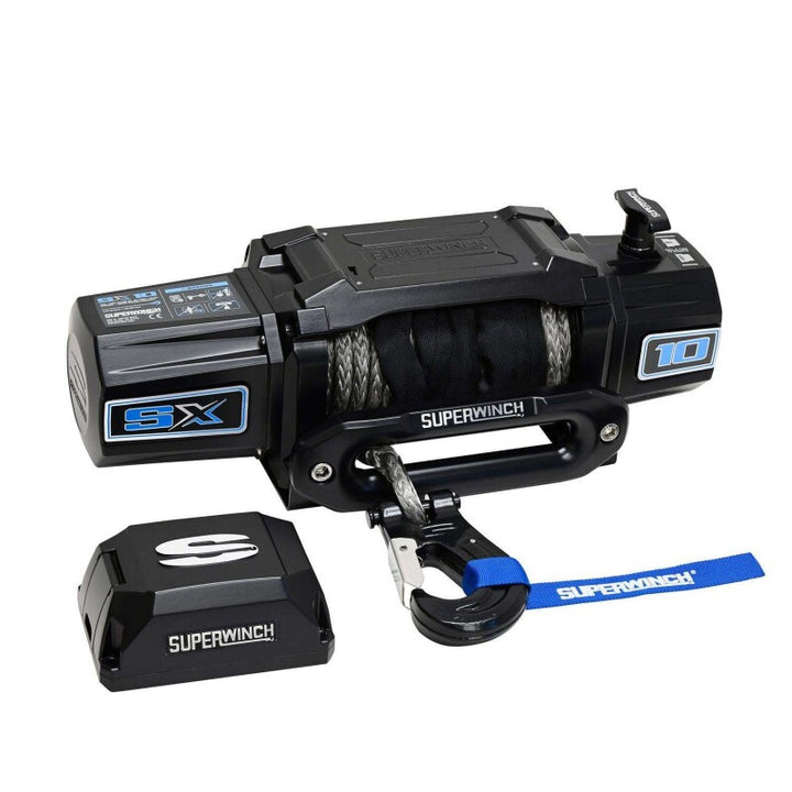Superwinch 10000 LBS 12V DC 3/8in x 80ft Synthetic Rope SX10SR Winch - Semi Gloss Black - Bull Strap