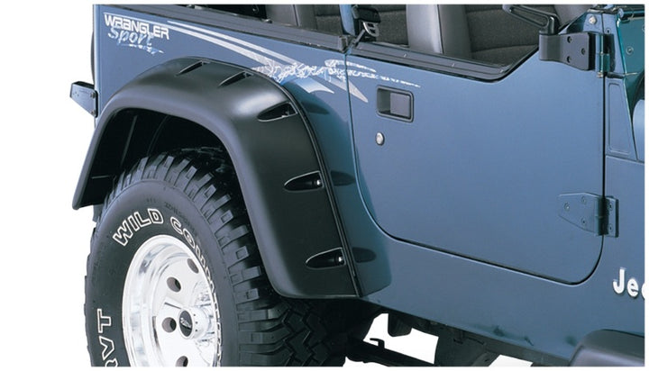 Bushwacker 87-95 Jeep Wrangler Cutout Style Flares 4pc Cutting Optional Not Renegade - Black - Bull Strap