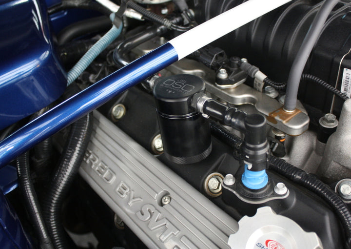 J&L 07-14 Ford Mustang GT500 Passenger Side Oil Separator 3.0 - Black Anodized - Bull Strap