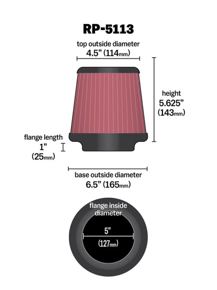 K&N Cone Filter 5in ID 6.5in base 4.5in top 5.625in height carbon fiber look - Bull Strap