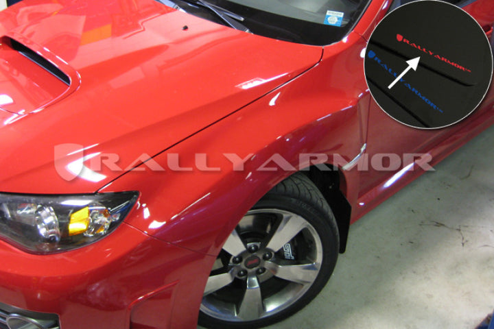 Rally Armor 08-11 Subaru STI (Hatch Only) / 11-14 WRX (Hatch Only) Black UR Mud Flap w/Red Logo - Bull Strap