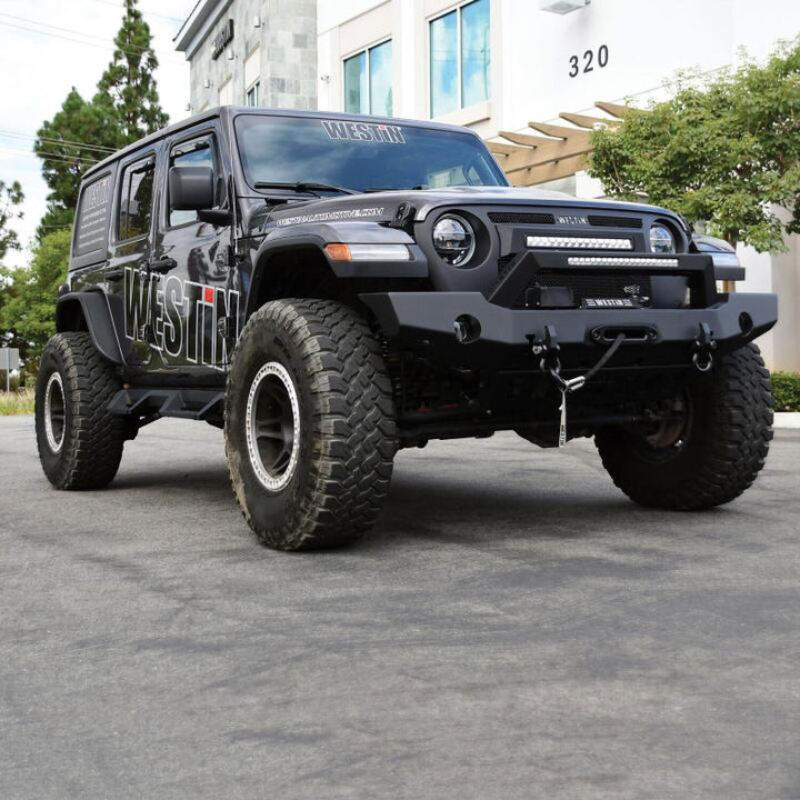 Westin 18-20 Jeep Wrangler WJ2 Full Width Front Bumper w/LED Light Bar Mount Textured Black - Bull Strap